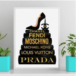 Quadro Fashion Livros Preto E Dourado 33x24cm - com vidro:Madeira branca - 2
