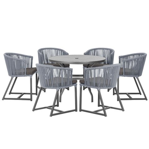 Mesa com 6 Cadeiras de Jantar Roma 120cm e Noronha em Alumínio Preto Corda Náutica Estofado 11 Trama