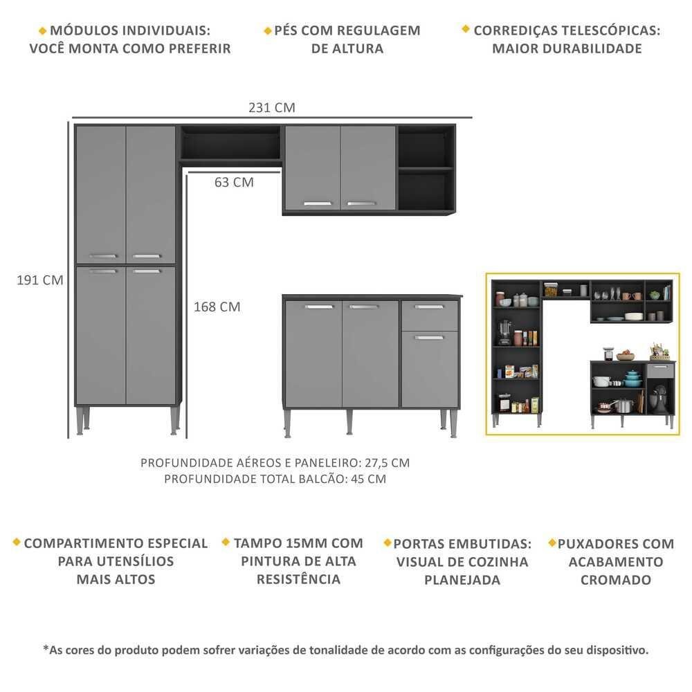 Cozinha Compacta com Armário e Balcão Xangai Multimóveis VM2840 Preta/Grafite - 3