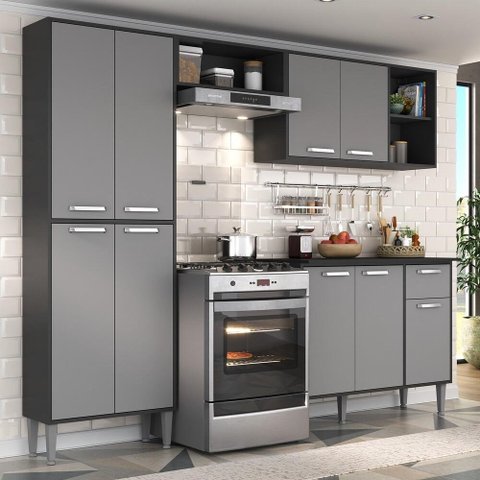Cozinha Compacta com Armário e Balcão Xangai Multimóveis VM2840 Preta/Grafite
