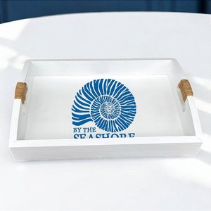 Bandeja Branca Concha Seashore em Madeira 35x25 Cm Decoração Náutica Praia