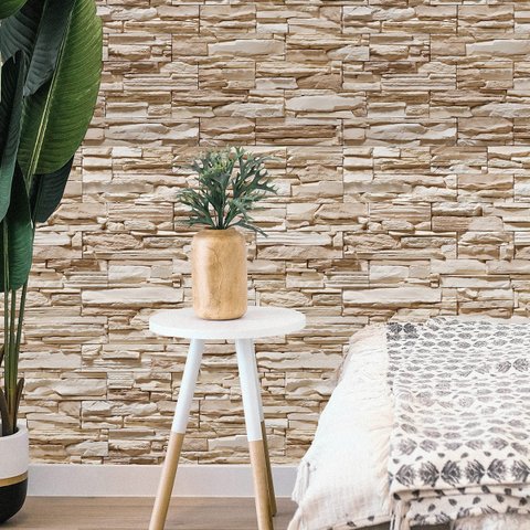 Papel de Parede Adesivo Pedras Canjiquinhas Tons de Bege 12m