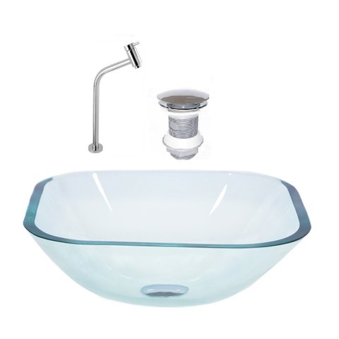 CUBA DE VIDRO QUADRADA 35CM JATEADA + VALVULA + TORNEIRA METAL