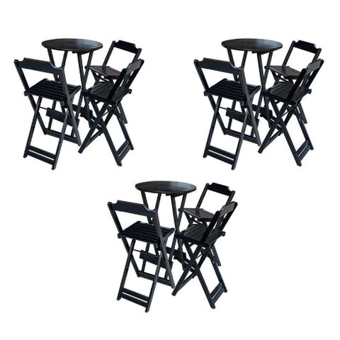 Kit 3 Jogos De Mesa Bistrô De Madeira Dobrável Com 3 Banquetas - Preto