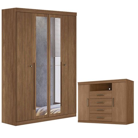 Guarda Roupa Casal Ripado 4 Portas Buriti com Espelho e Cômoda Havana Master Jatobá Acetinado - Sant
