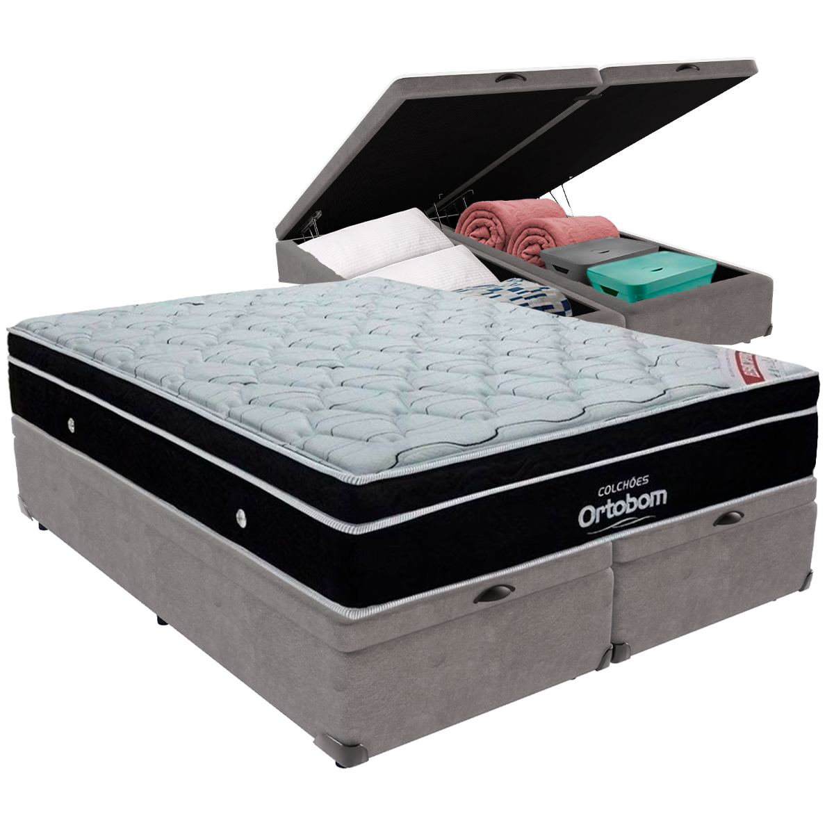 Cama Box Baú e Colchão Elegant Molas Ensacadas King Ortobom: Cinza ...