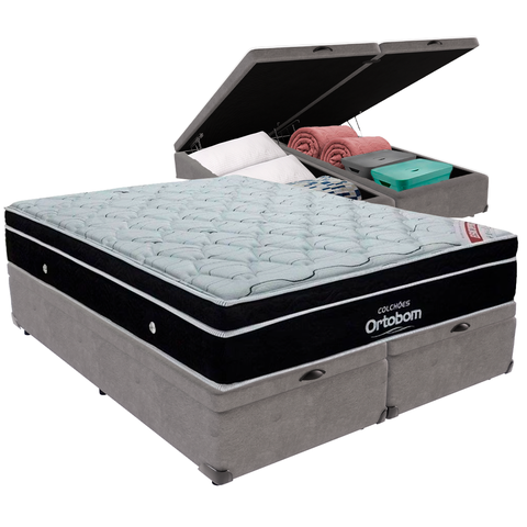 Cama Box Baú e Colchão Elegant Molas Ensacadas King Ortobom: Cinza