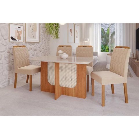 Conjunto Mesa Jantar Louise 4 Lugares Tampo Vidro Cadeiras Estofadas Nude Cimol Móveis