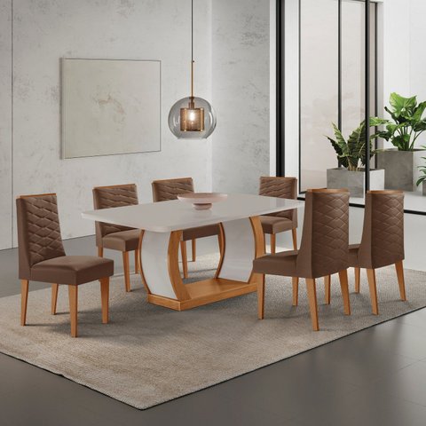 Conjunto de Mesa de Jantar Kate 180 Tp MDF Canto Copo 6 Cadeiras Estela