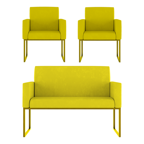 Kit Sofá 2 Lugares + 2 Poltronas Recepção Sala Base Dourada Cor:amarelo