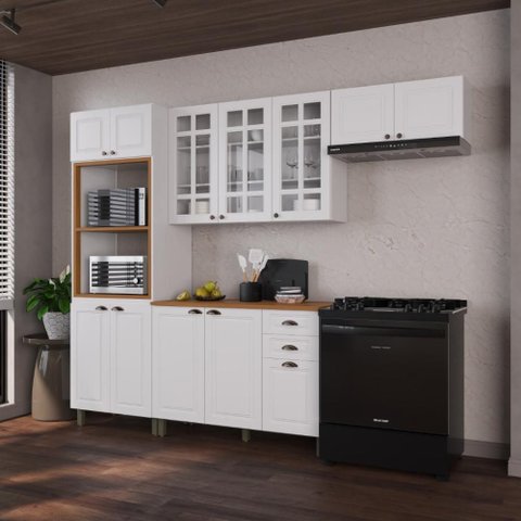 Armário de Cozinha Modulada Compacta Fidelitá Nara 100% MDF 4 Peças 270cm 12 Portas 2 Gavetas com
