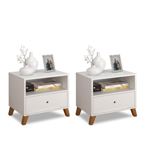 Kit 2 Criados de Cabeceira Retro Pes Palito 1 Gaveta e 1 Nicho Branco