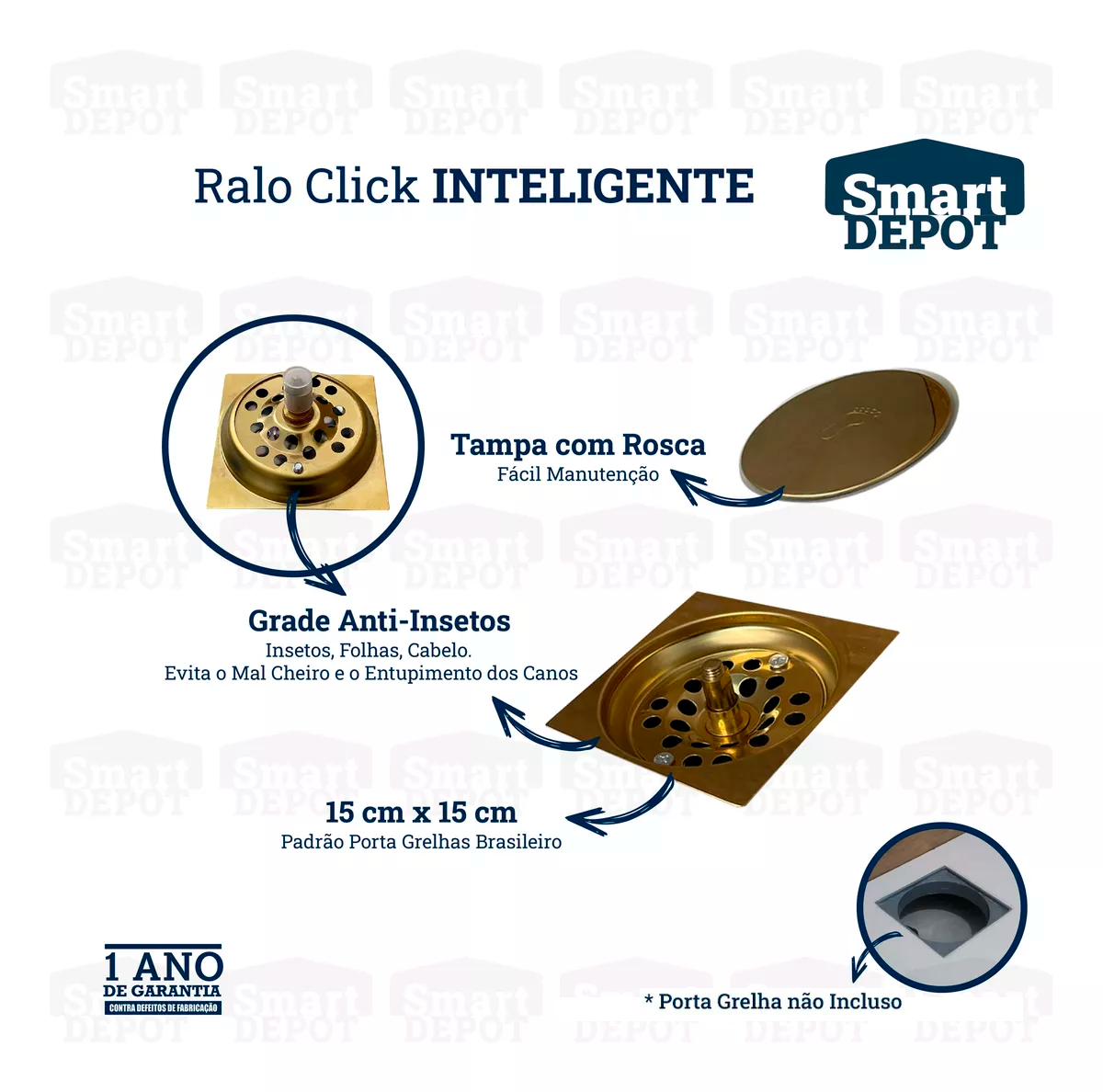 Ralo Click Quadrado Dourado 10cm Smart Depot Ralo Inteligente Proteção contra Insetos Anti Odor - 8