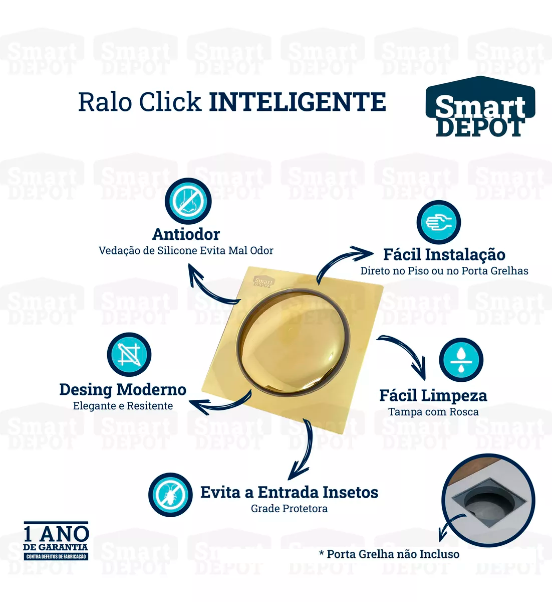 Ralo Click Quadrado Dourado 10cm Smart Depot Ralo Inteligente Proteção contra Insetos Anti Odor - 5