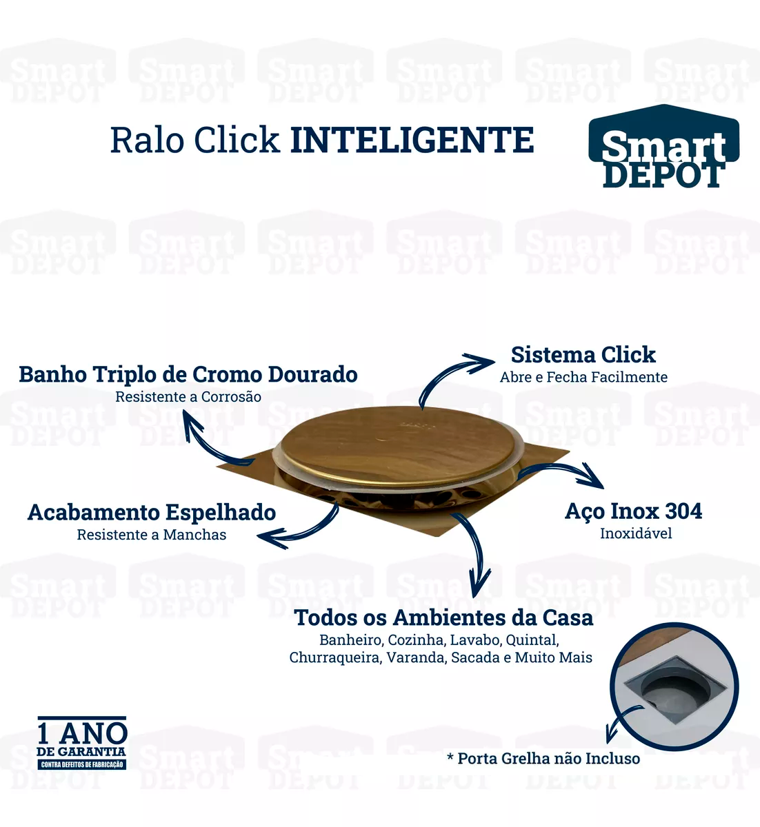 Ralo Click Quadrado Dourado 10cm Smart Depot Ralo Inteligente Proteção contra Insetos Anti Odor - 7
