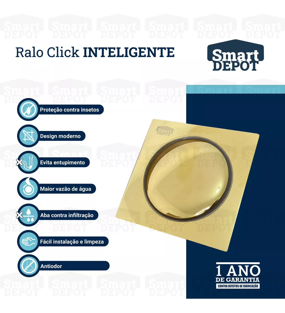 Ralo Click Quadrado Dourado 10cm Smart Depot Ralo Inteligente Proteção contra Insetos Anti Odor - 3