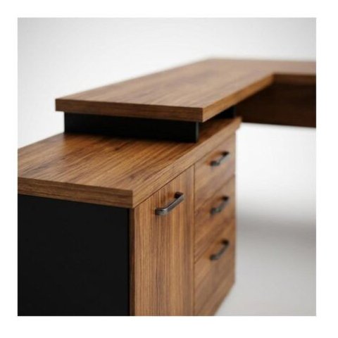 Mesa Escritório em L1,50x1,50m (Extensível) com Armário Misto (03 Gav) Workstart Nogal Sevilha/Preto