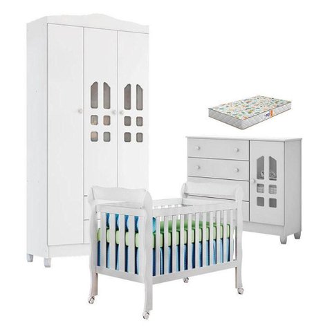 Quarto de Bebê New Selena 3 Portas com Berço Lila e Cômoda Selena Branco Brilho e Colchão Gazin