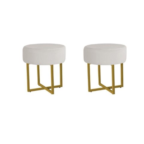 Kit 2 Puff Redondo Madrid Veludo Pés Metal Reforçado Dourado Veludo Bege