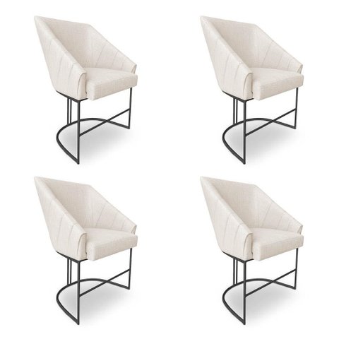 Kit 4 Poltronas Luxo Alana Linho Bege Base Ferro Preto - Pallazio