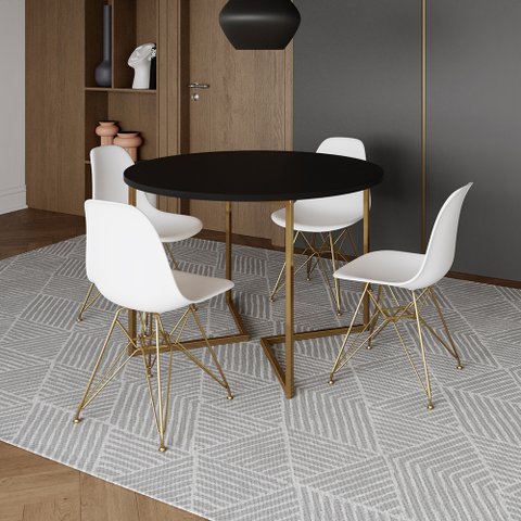 Mesa Jantar Industrial Redonda 110cm Preta Base V com 4 Cadeiras Eames Eiffel Brancas Base Dourada