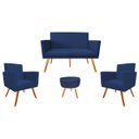 Ver imagem 1 de Kit Namoradeira + 2 Poltronas Decorativa Nina + Puff Redondo Suede Azul Marinho Pés Madeira Mz Decor