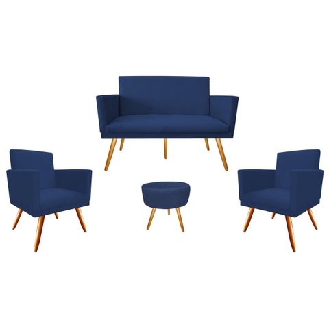 Kit Namoradeira + 2 Poltronas Decorativa Nina + Puff Redondo Suede Azul Marinho Pés Madeira Mz Decor