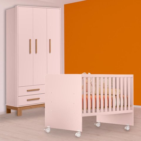 Conjunto Berço Reto e Guarda Roupa Slim Rosa