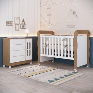Quarto de Bebê Berço Mini Cama Americano Cômoda com Porta Gabrielle Branca com Bétula Carolina