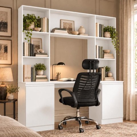 Conjunto Escritório com Mesa Estante 2 Portas e Cadeira Giratória Multimóveis MCR6114 Branco/Preto