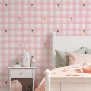 Papel de Parede Infantil Xadrez Aquarela Rosa com Fadas