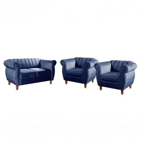 Conjunto de Sofás Realeza 4 Lugares Fixo Azul Veludo Retrô Vintage Bella Decor