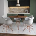 Ver imagem 1 de Mesa Jantar Redonda 110cm Amêndoa Clips 3 Pés com 5 Poltronas Eames Eiffel Brancas Base Cobre