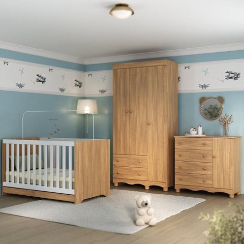 Quarto de Bebê Completo Berço Americano 3 em 1 Colchão Dengo Multimóveis Mp4608 Madeirado