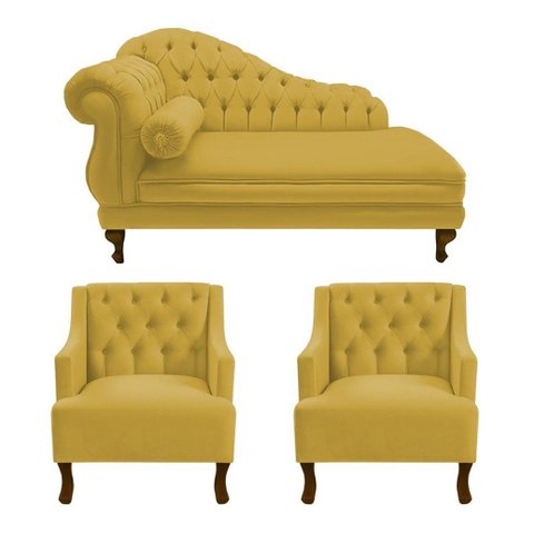 Recamier Larissa 150 cm e 2 Poltronas Genesis Suede Amarelo - LM DECOR