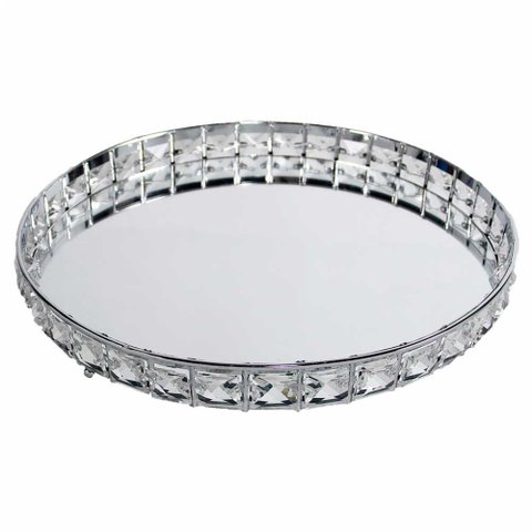 Bandeja Decorativa Redonda Prata Cristal com Espelho 31cm Kv0254 Btc