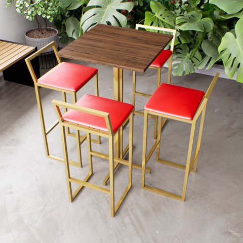 Jogo Mesa Alta Bistrô Quadrada Imbuia 4 Banquetas Estofado Confort Vermelho Dourado Don Castro
