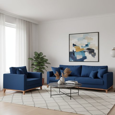 Conjunto de Sofá Beny Azul Marinho, 2 Peças, 1 Sofá 1,80m e 1 Poltrona, Tecido Linho.