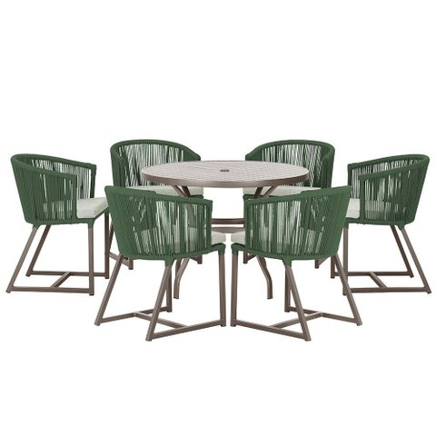 Mesa com 6 Cadeiras de Jantar Roma 120cm e Noronha em Alumínio Marrom Corda Náutica Estofado 3 Trama