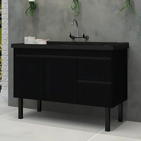 Gabinete de Cozinha Armário 91cm 2 Gavetas 2 Portas 100% MDF:Preto Fosco