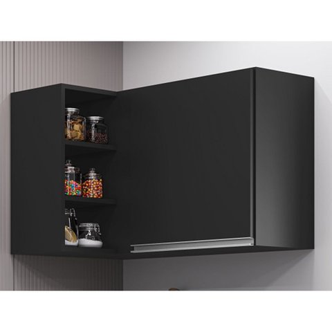 Armário Aéreo de Canto Beatriz 90cm 1 Porta e 3 Nichos Preto Maderatto Móveis