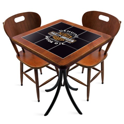 Conjunto Mesa Madeira Azulejo 60x60cm - Bistrô Fixa 78cm + 2 Cadeiras 43 - Natural - Harley Davidson Genui