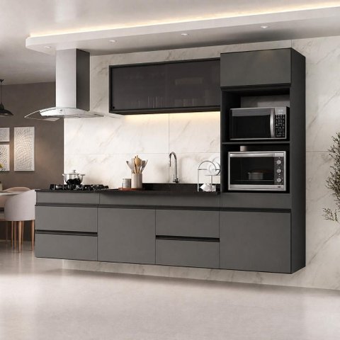 Armário Cozinha Modulada Completa Suspensa com Pia 251,5cm Milano Multimóveis MCR2479 Grafite/