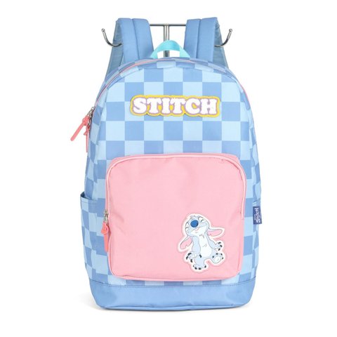 Mochila de Costas Stitch Xadrez Azul Bolso Rosa - Luxcel