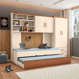 Jogo de Quarto Chiara com Roupeiro 2 Portas, Módulo Aéreo e Cama com Auxiliar - Off White / Amadeira - 1