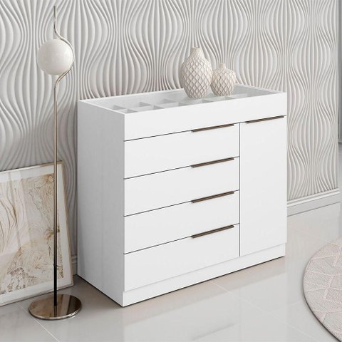 Cômoda Quarto Porta Jóias com Tampo Vidro 111cm Stefanie A09 - D'Rossi Branco