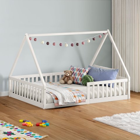 Cama Casal Infantil Montessoriana Branco Madeira Casa com Estrado Ravi Idimex