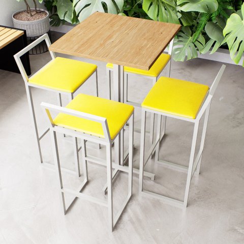 Conjunto Mesa Alta Bar Bistrô Quadrada Pinus 4 Banquetas Confort Estofado White Don Castro