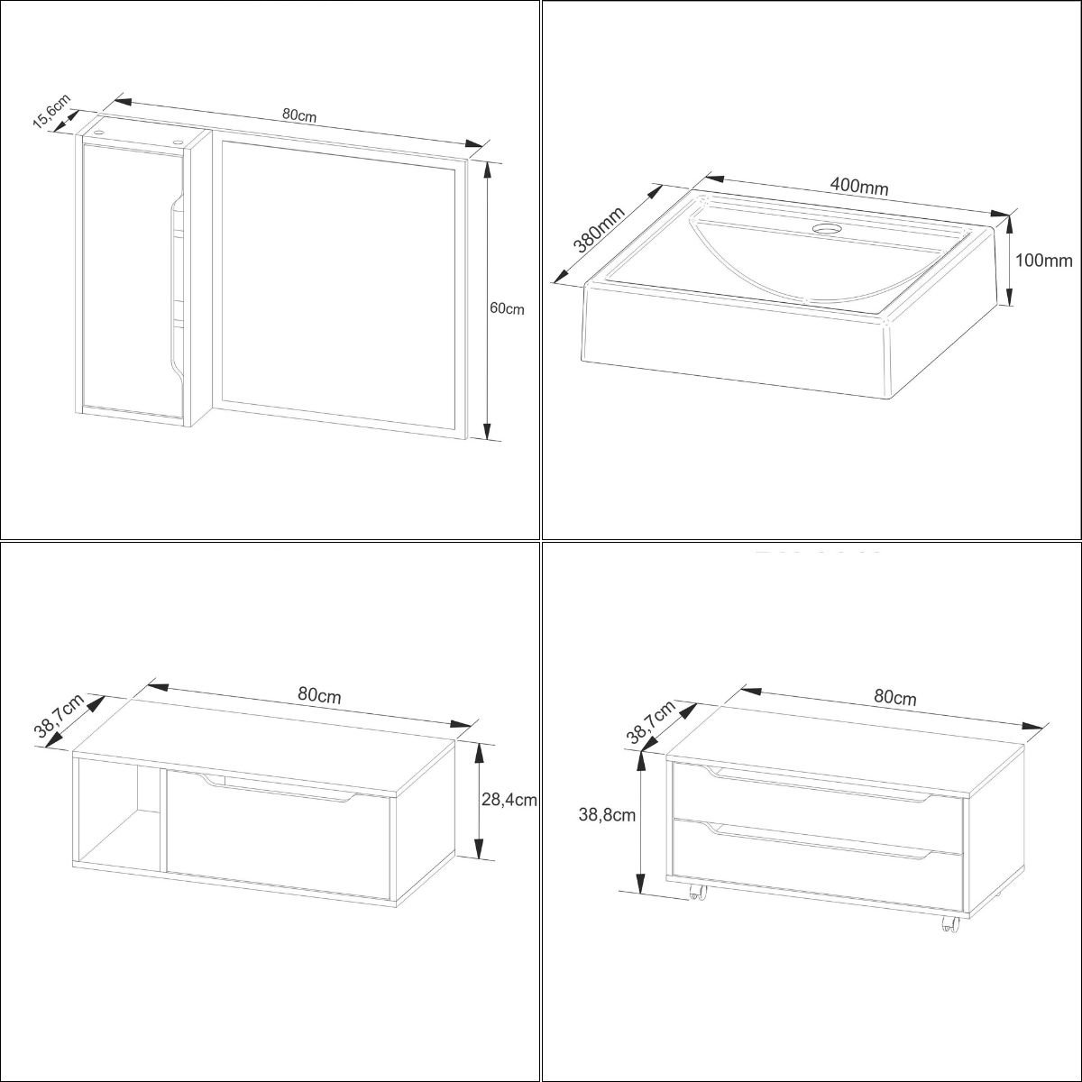 Kit Modulado para Banheiro Completo Gabinete Gaveteiro Pia Espelheira Amêndoa Branco - 4