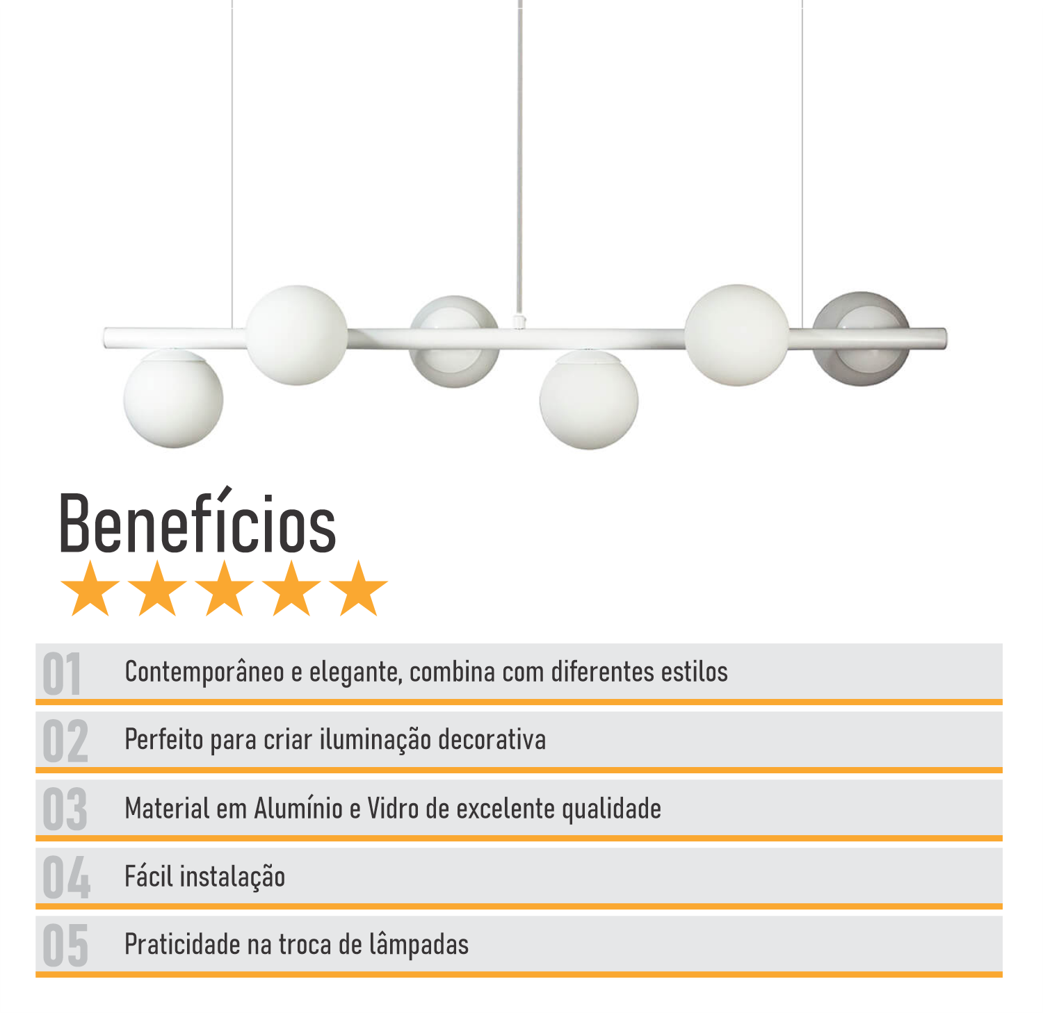 Lustre Pendente Figo Branco - 6 Globos Esfera de Vidro Branco - 6